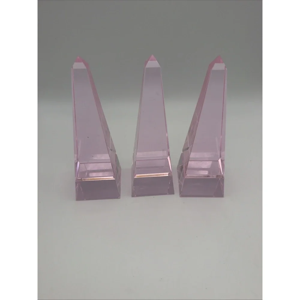 Set of 3 Pink Lucite Acrylic Obelisk Display Stands Art Deco Geometric 7